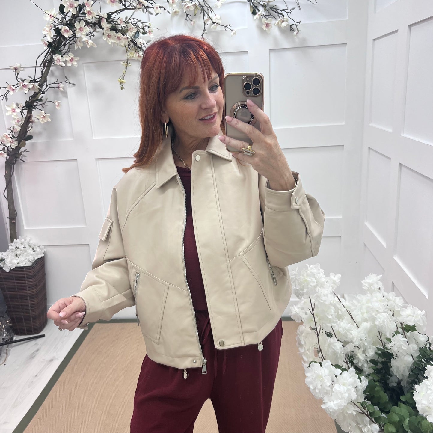 Bobbie: Cream oversized faux leather bomber jacket. 2 sizes