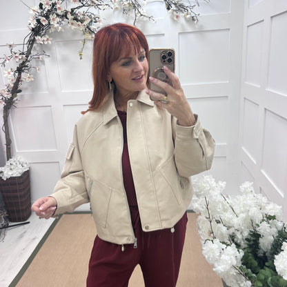 Bobbie: Cream oversized faux leather bomber jacket. 2 sizes