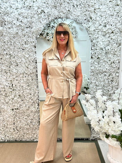 Clara: Beige belted shirt & trouser safari set. 2 sizes.