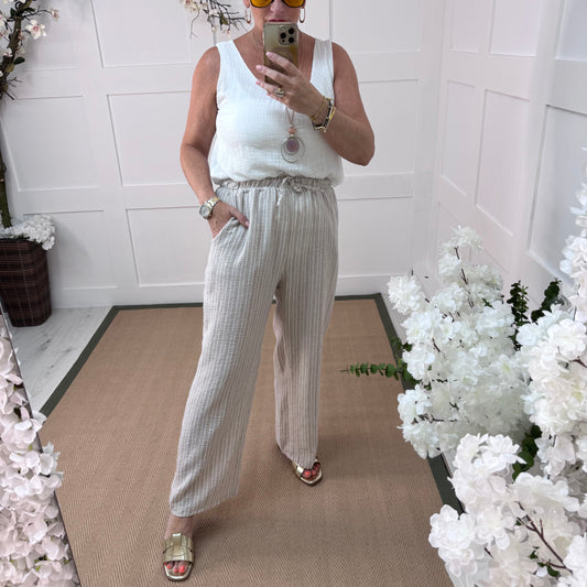 Alice: Stone & white stripe wide leg trousers. One size: 10-14