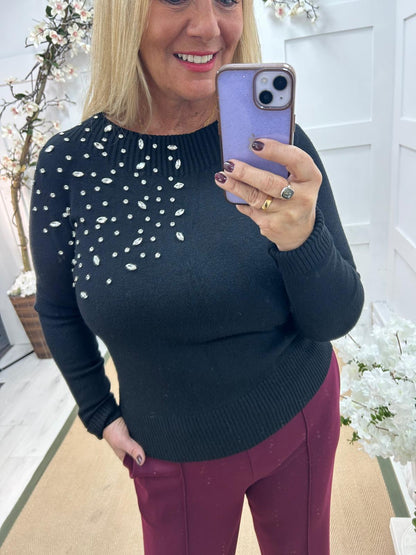 Lois: Black rhinestone shoulder knit. One size: 12-16