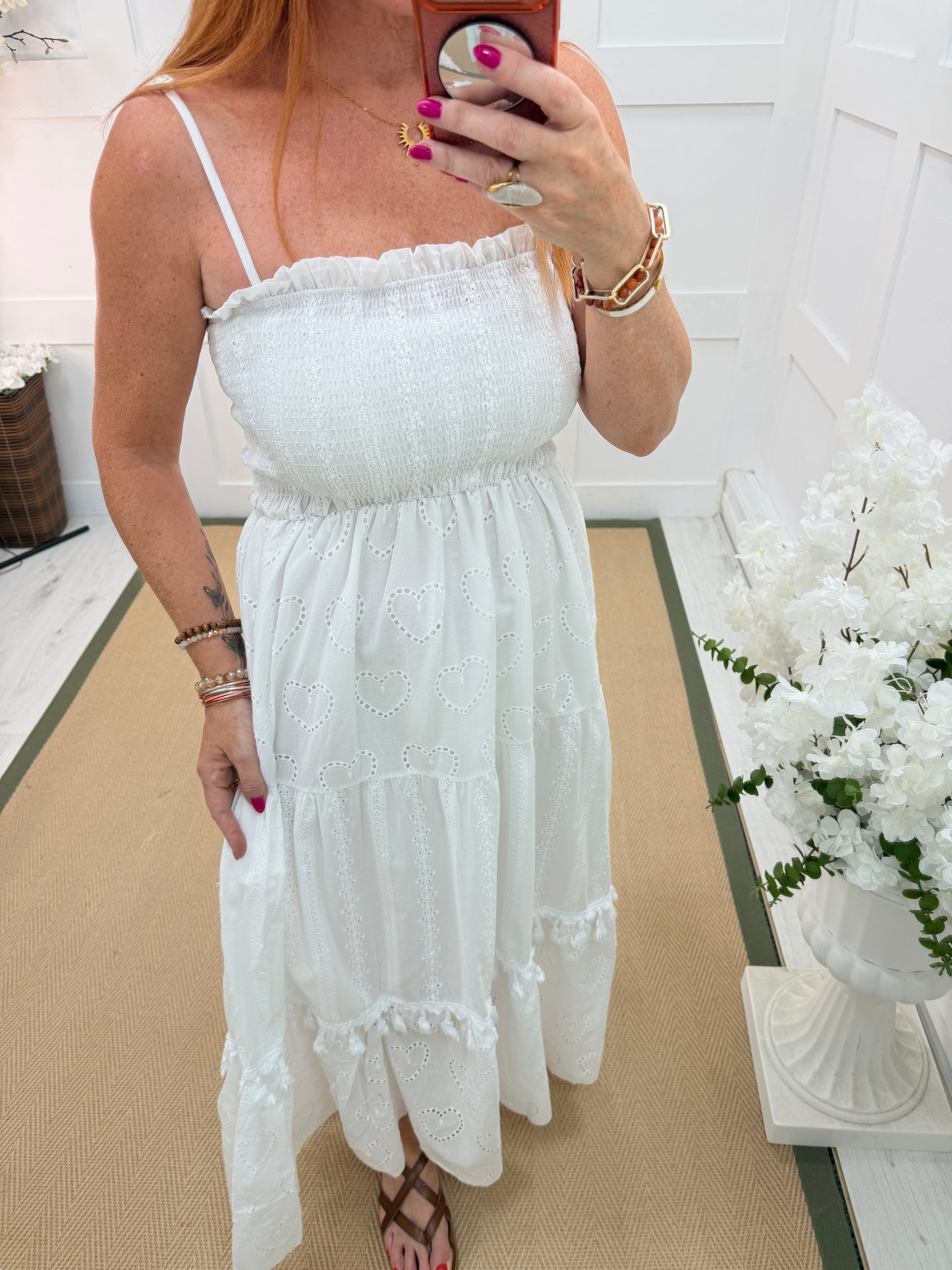 Bobbi: Broderie Anglaise strappy midi dress. One size: 10-16. 2 colours