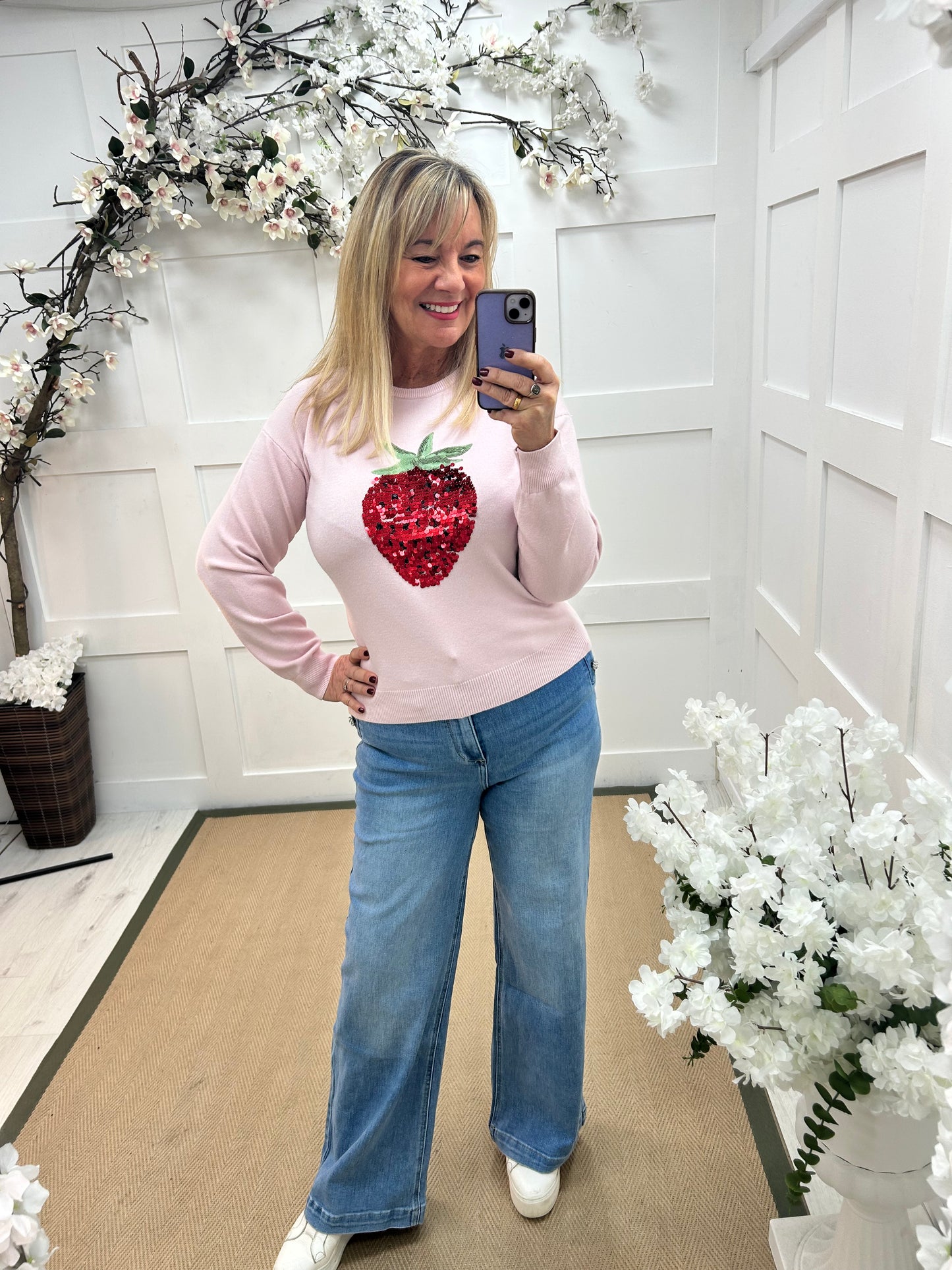 Ruby: Pink strawberry sequin embroidered knitted top. Two sizes.