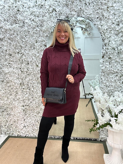 Destiny: Burgundy high neck knitted jumper dress. One Sz: 12-18