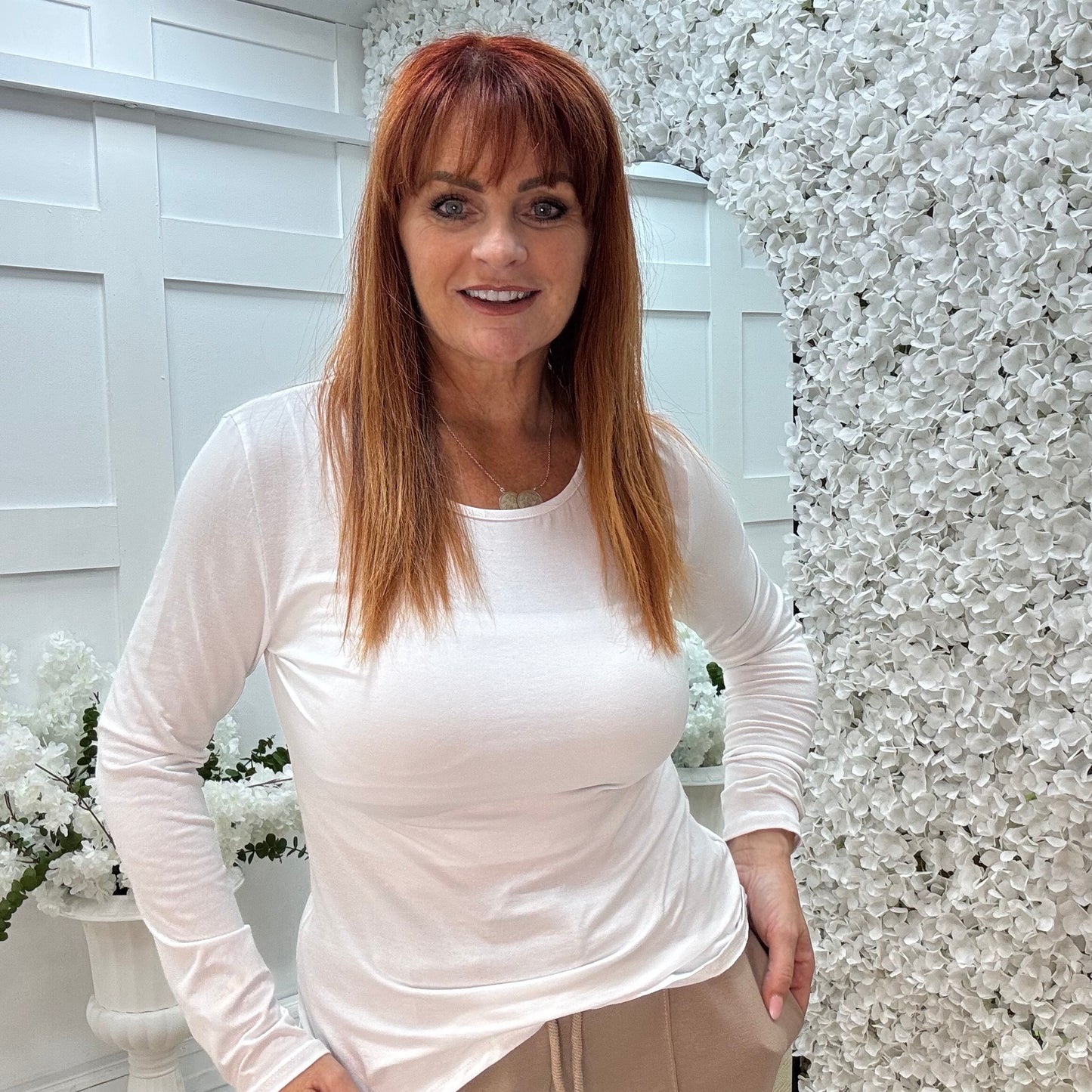 Bessie: White basic long sleeve top. One size: 10-16/18