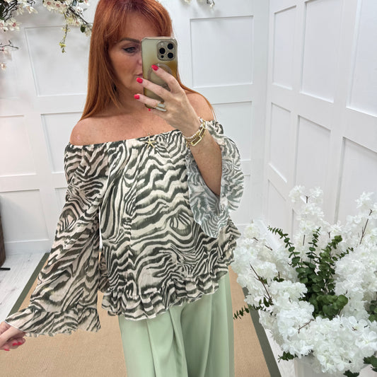 Foxy: Khaki zebra double frill chiffon top. One size: 10-20