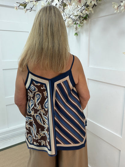 Tilly: Silky geometric printed V neck top. One size 10-16. 3 colours