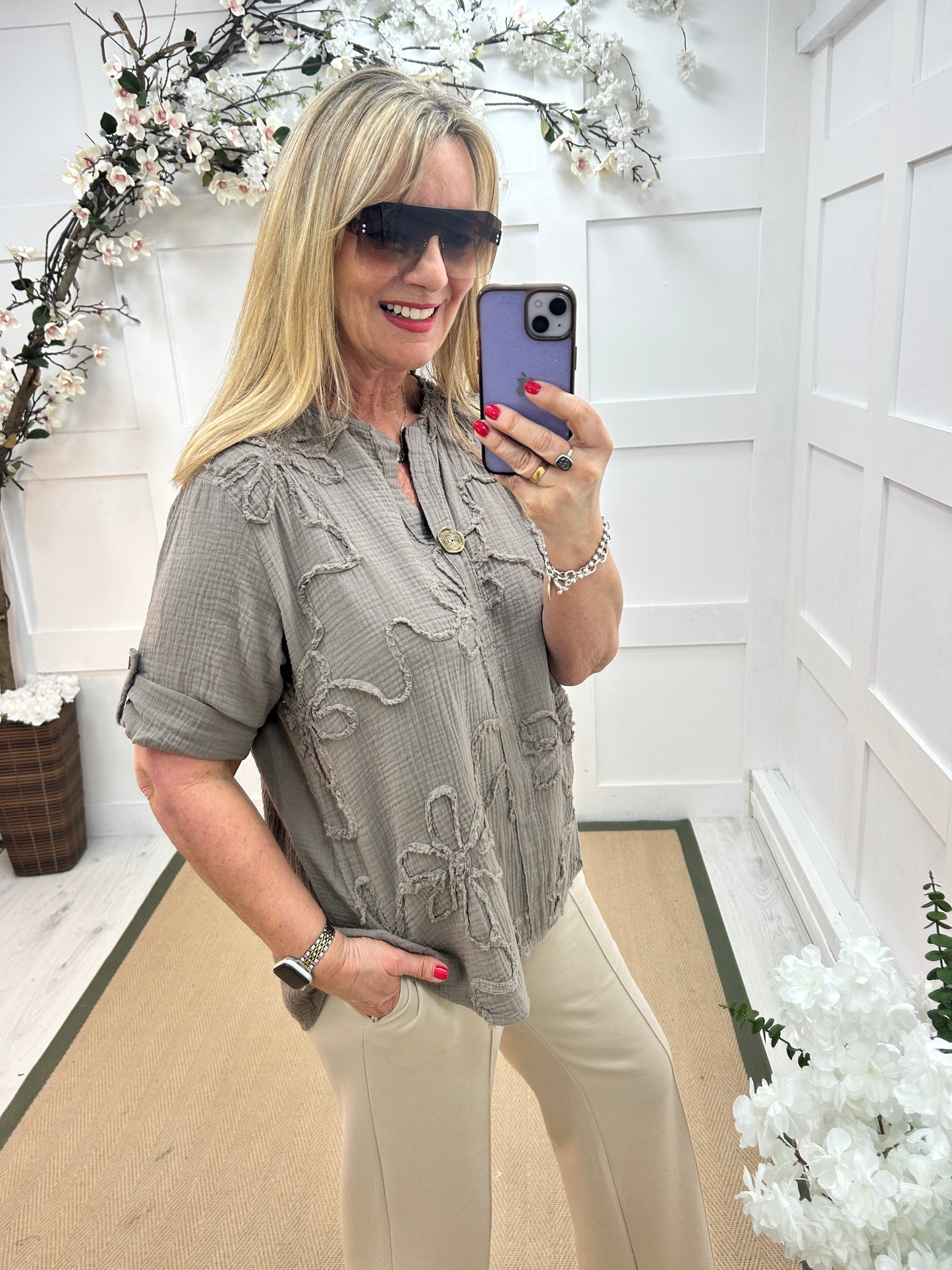 Eden: Mocha cotton floral embroidered top. One size: 12-18