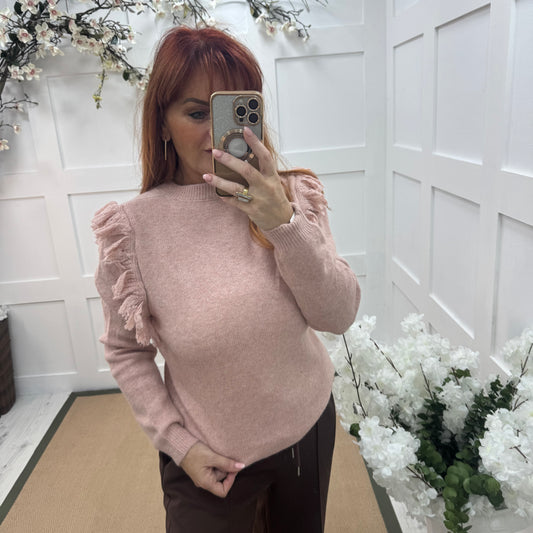 Carmel: Pink fringe knitted top. One size: 10-16