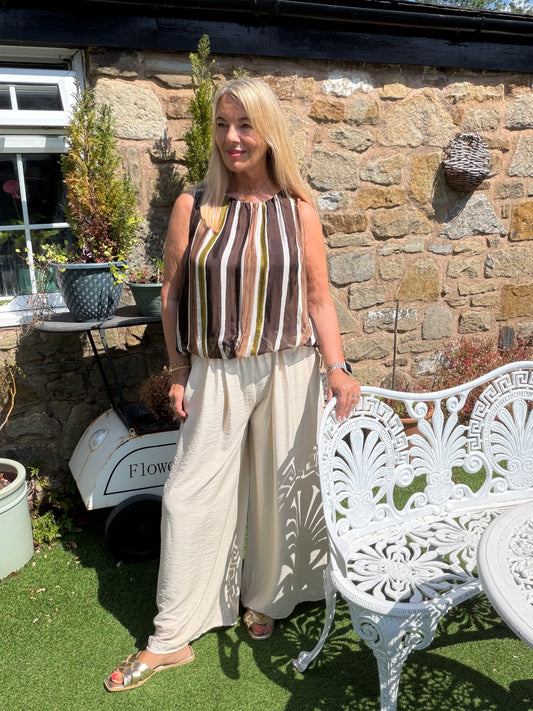 Sorrel: Striped silky elasticated top. One Sz: 12-16. 2 colours