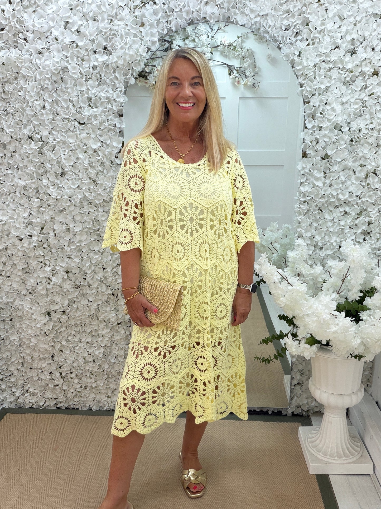 Alison: Long short sleeve crochet knit dress. One size: 12-18. 3 colours