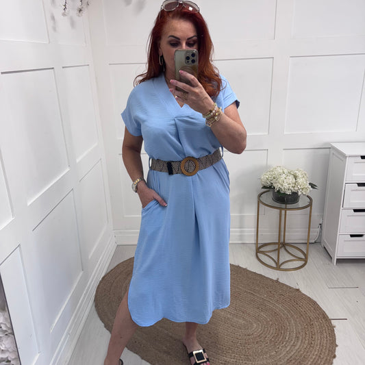 Azora: Baby blue V neck belted midi dress. One size 10-18