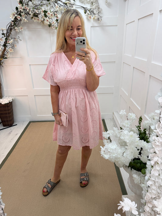Belinda: Pink broderie anglaise midi dress. One size: 10-16