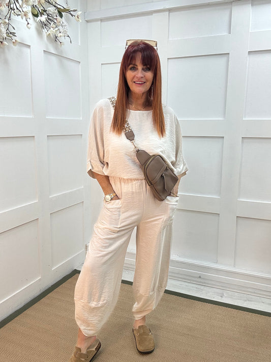 Bobbie: Cream two piece silky trim trouser set. One size: 10-16