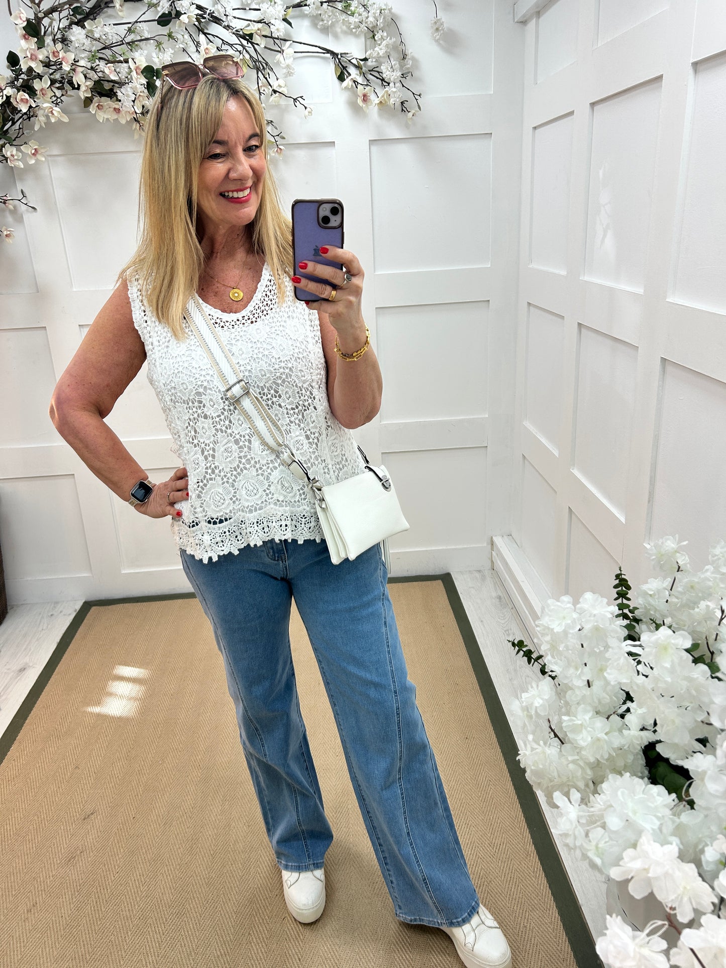 Morgan: White floral crochet lace sleeveless top. One size: 12-16