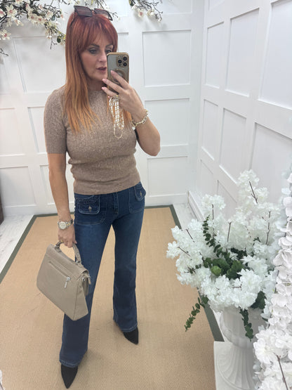 Pip: Mocha short sleeve soft knit top. One size: 10-14