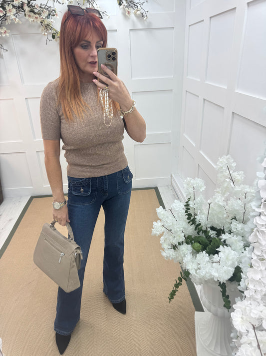 Pip: Mocha short sleeve soft knit top. One size: 10-14