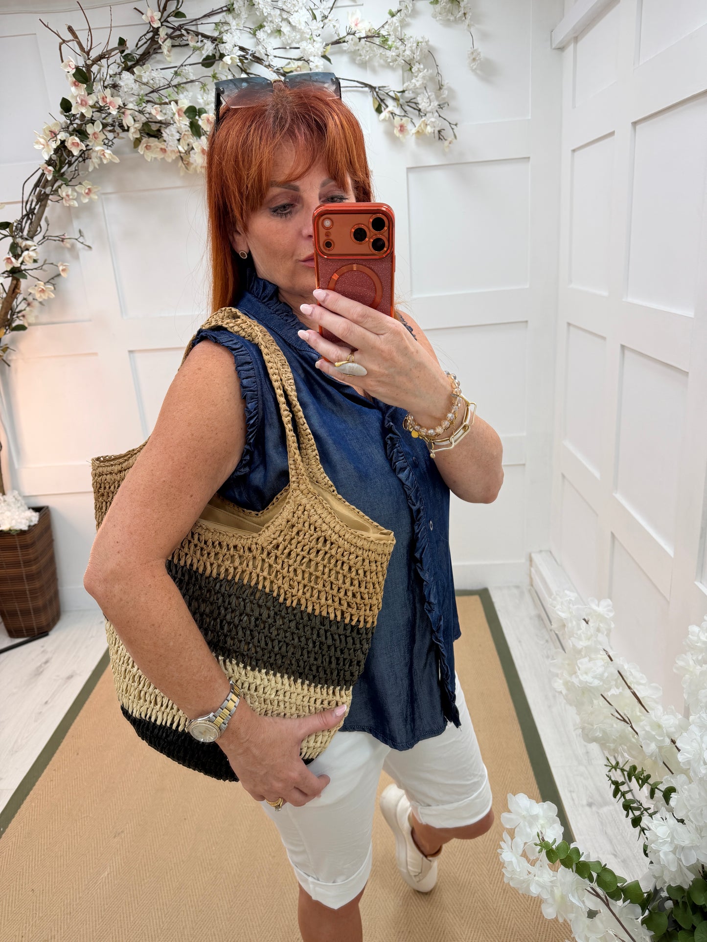 Luna: Camel, brown & cream woven tote bag