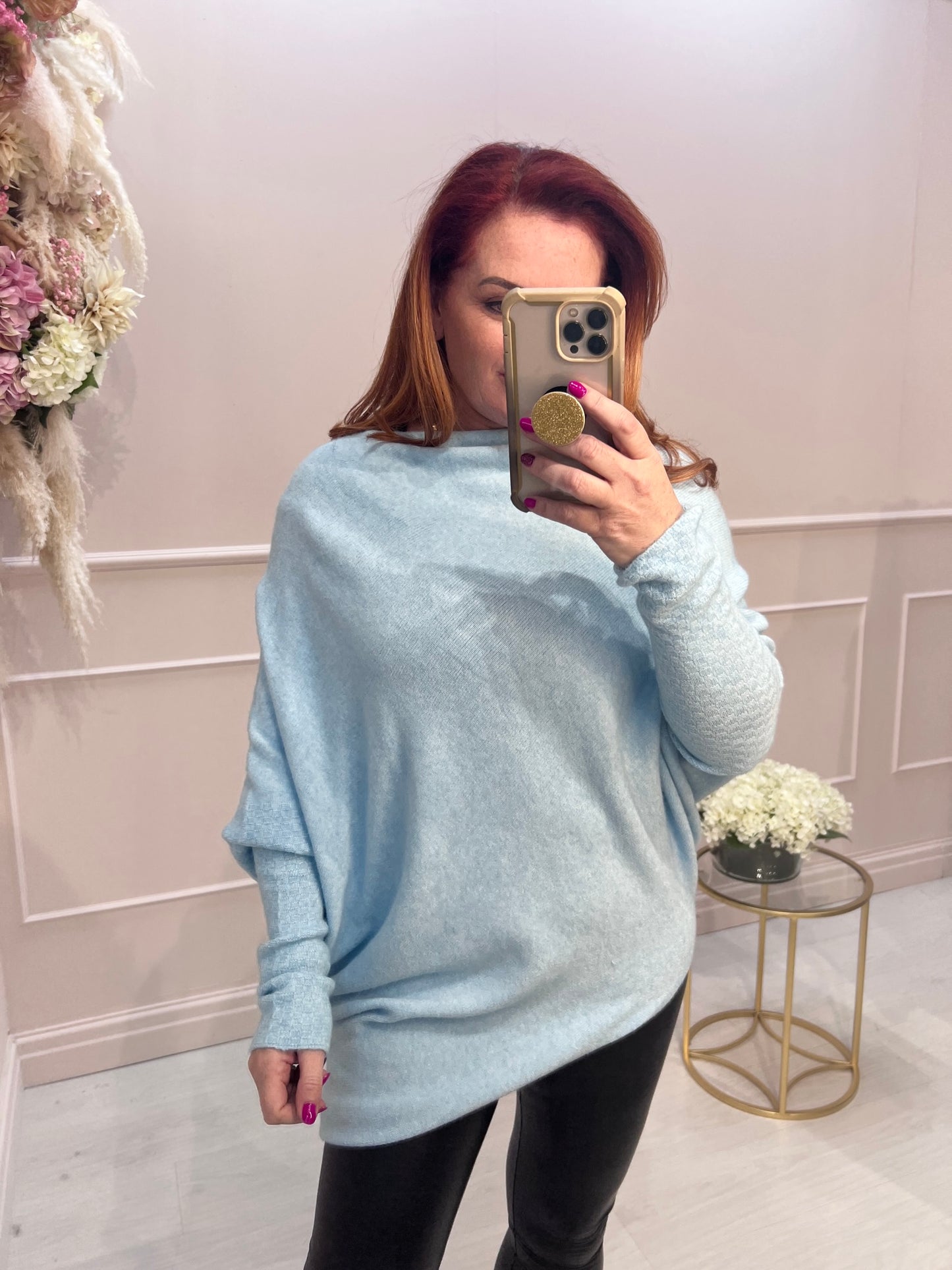 Erika: Asymmetrical slouch soft knit top. One size 10-18