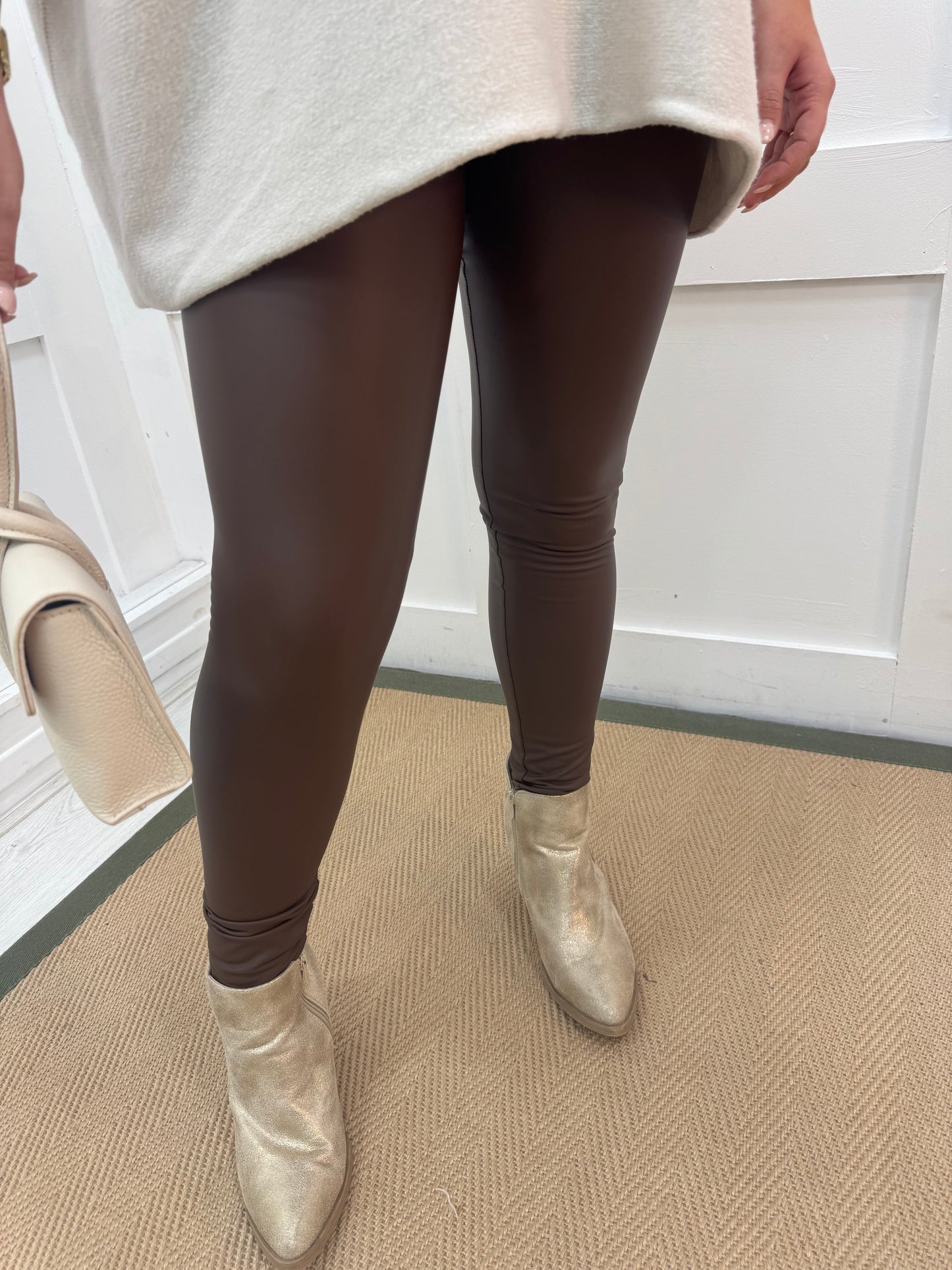 Erin: Chocolate brown stretchy faux leather leggings. Sizes 10-22