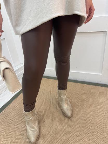 Erin: Chocolate brown stretchy faux leather leggings. Sizes 10-22