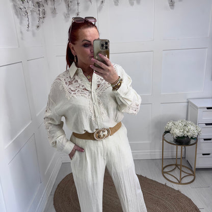 Skye: Cream oversized crochet shirt. One size: 16-20
