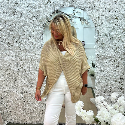 Harriet: Gold lurex cross over top. One size: 16-24