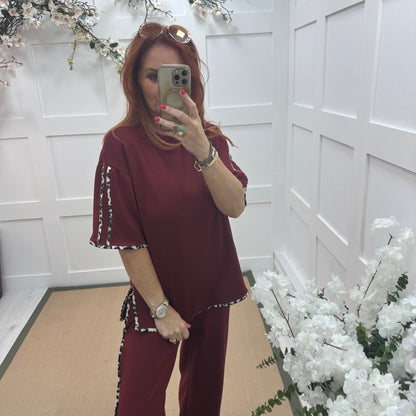 Malka: Burgundy leopard print stripe loungewear set. One size: 12-18