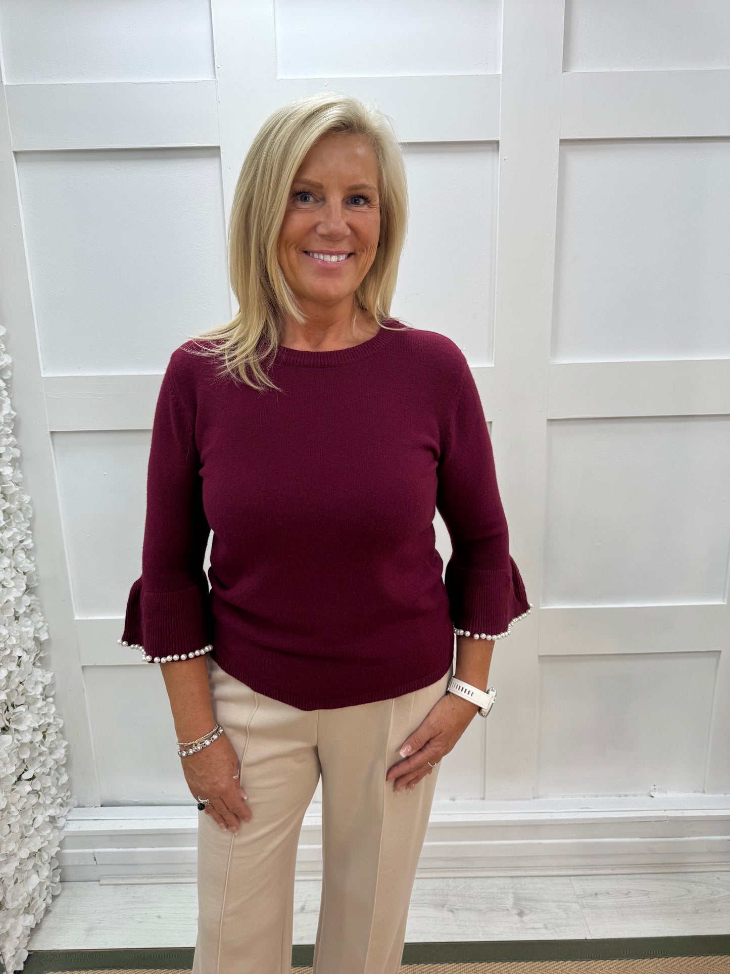 Julia: Burgundy pearl sleeve fitted top. One size 10-14
