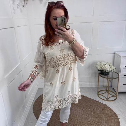 Lydia: Longline cream lace tunic top. One size: 10-16