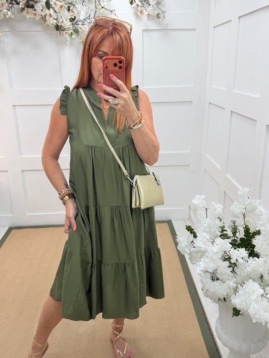 Imogen: Plain sleeveless tiered midi dress. One size: 10-14. 5 colours