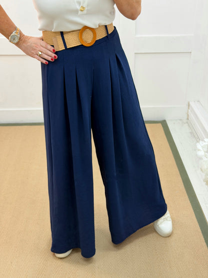 Gia: Navy wide leg belted trousers. One size: 10-16