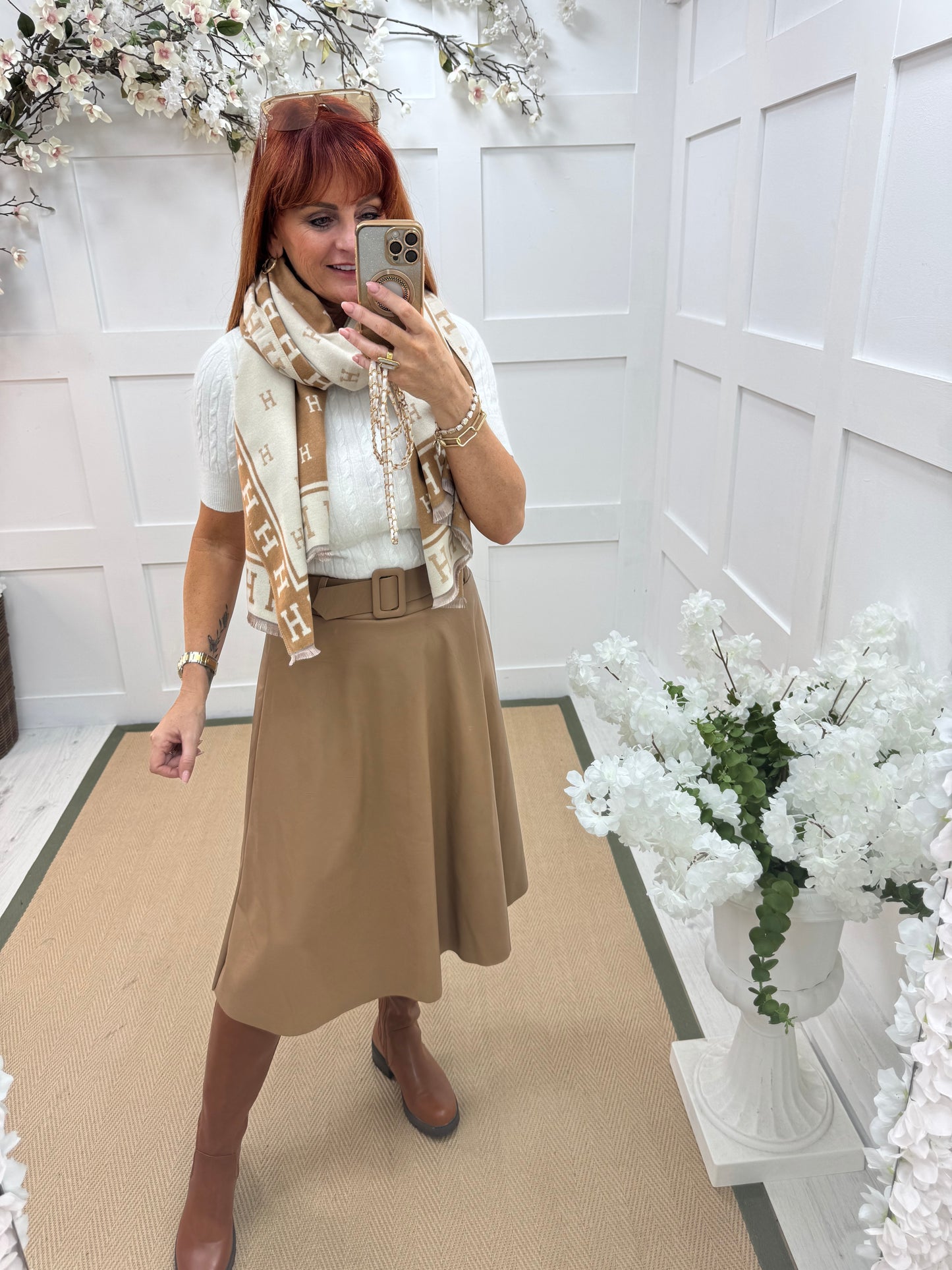 Kendra: Sand faux leather belted skirt. One size: 8-12