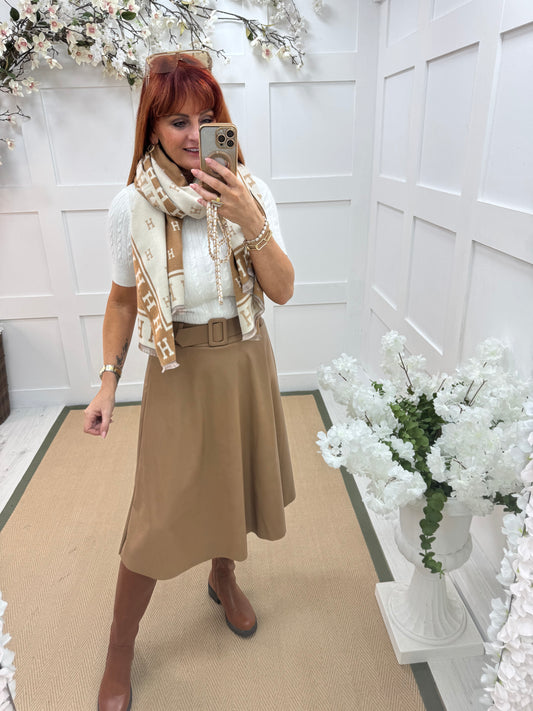 Kendra: Sand faux leather belted skirt. One size: 8-12