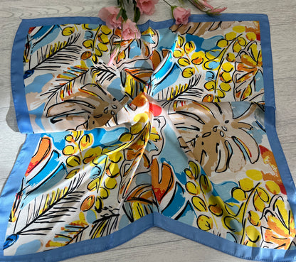 Tanvi: Tropical leaf print silky neck scarf. 3 colours