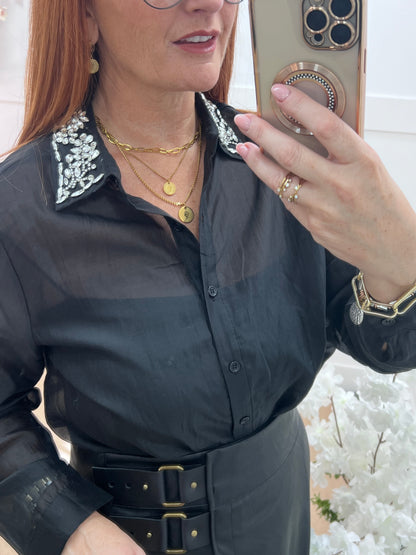 Azira: Black rhinestone collar sheer shirt. One size: 10-16