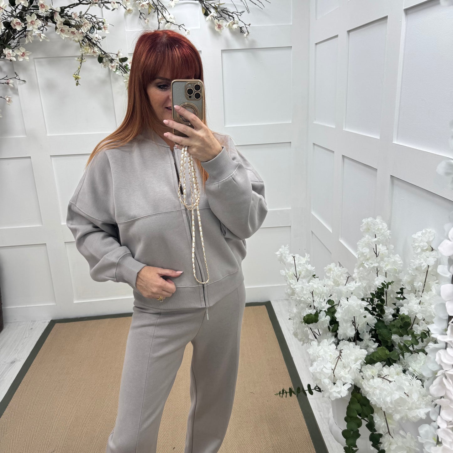 Ginny: Taupe bomber jacket & trouser set. Sizes: 8-14