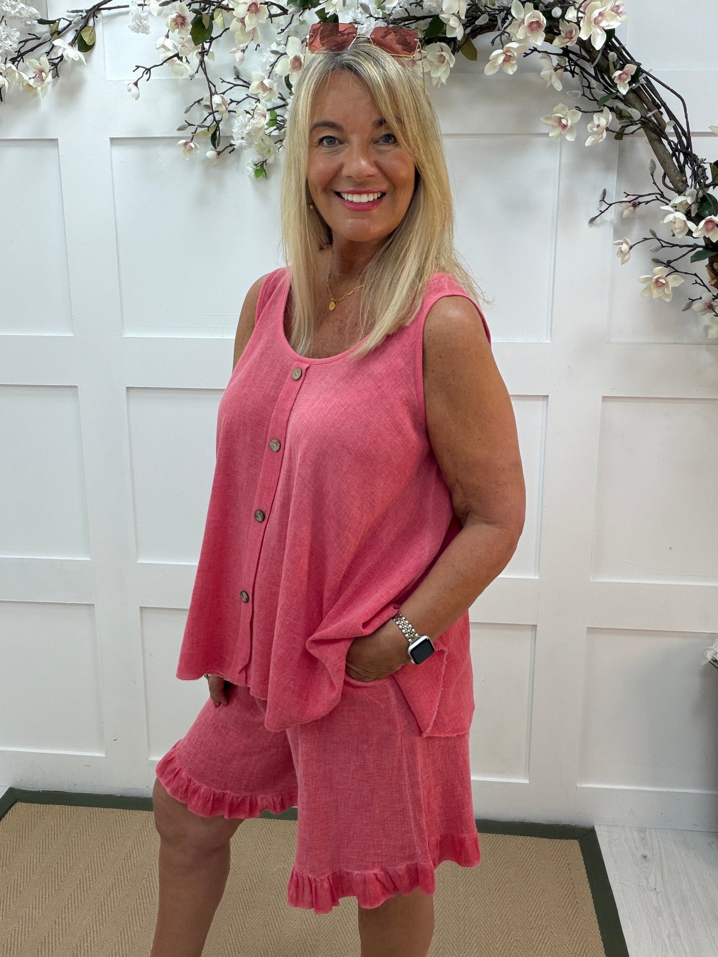 Susie: Hopsack fabric buttoned front top. One size: 14-22. 2 colours
