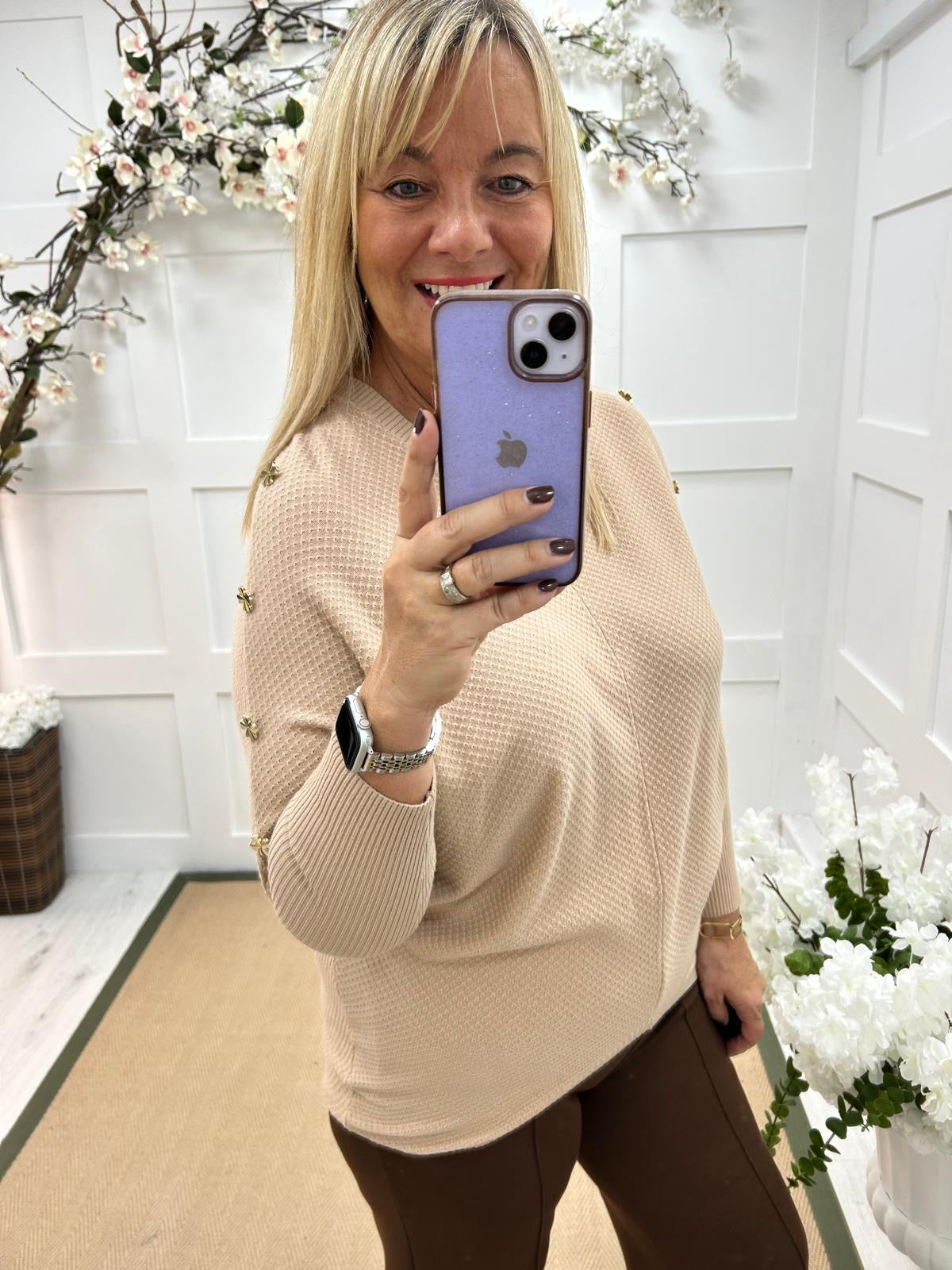 Bridie: Sand clover button detailed waffle top. One size 14-20