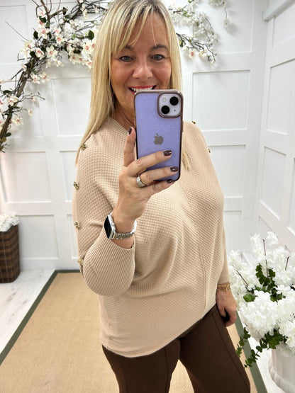 Bridie: Sand clover button detailed waffle top. One size 14-20