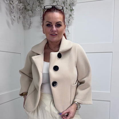 Margot: Cream short large button jacket. One size: 10-16