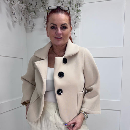 Margot: Cream short large button jacket. One size: 10-16