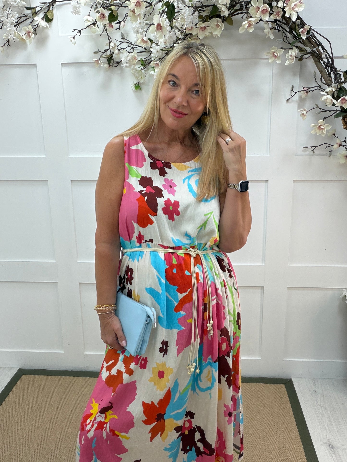 Cindy: Floral printed maxi dress with beaded belt. One size 16-20. 2 colours