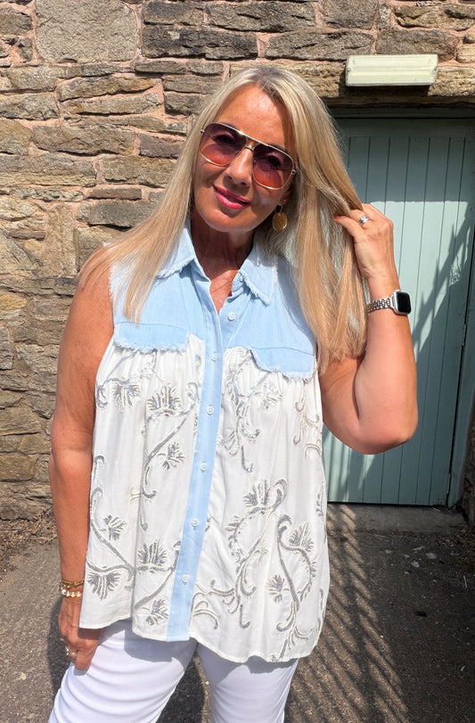 Summer: Blue denim sequin shirt. One size: 12-18