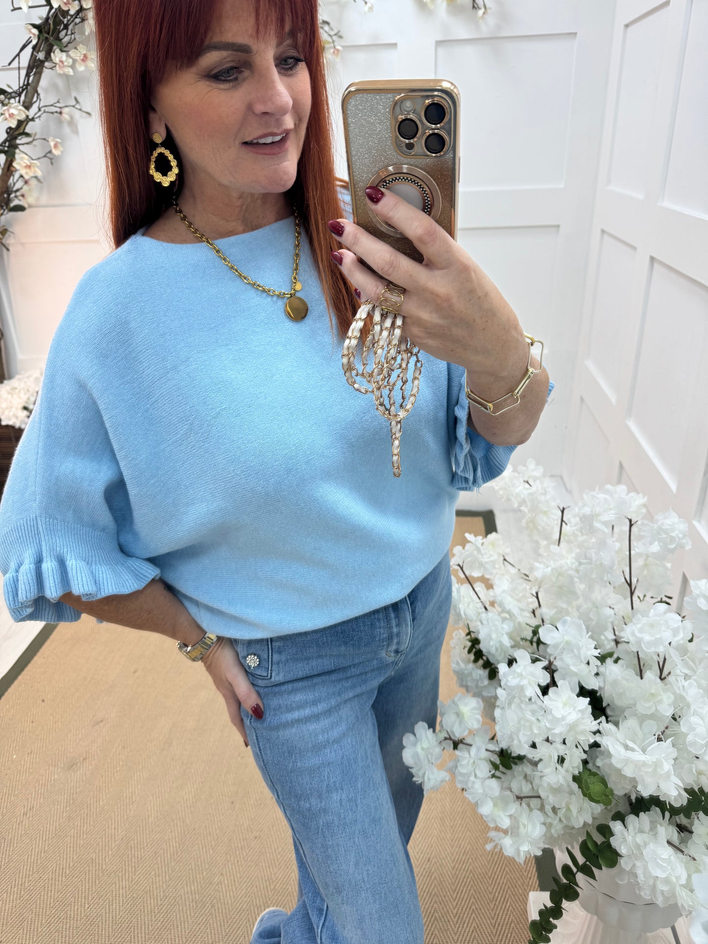 Sierra: Baby blue batwing fluted sleeve knitted top. One Size 12-18/20