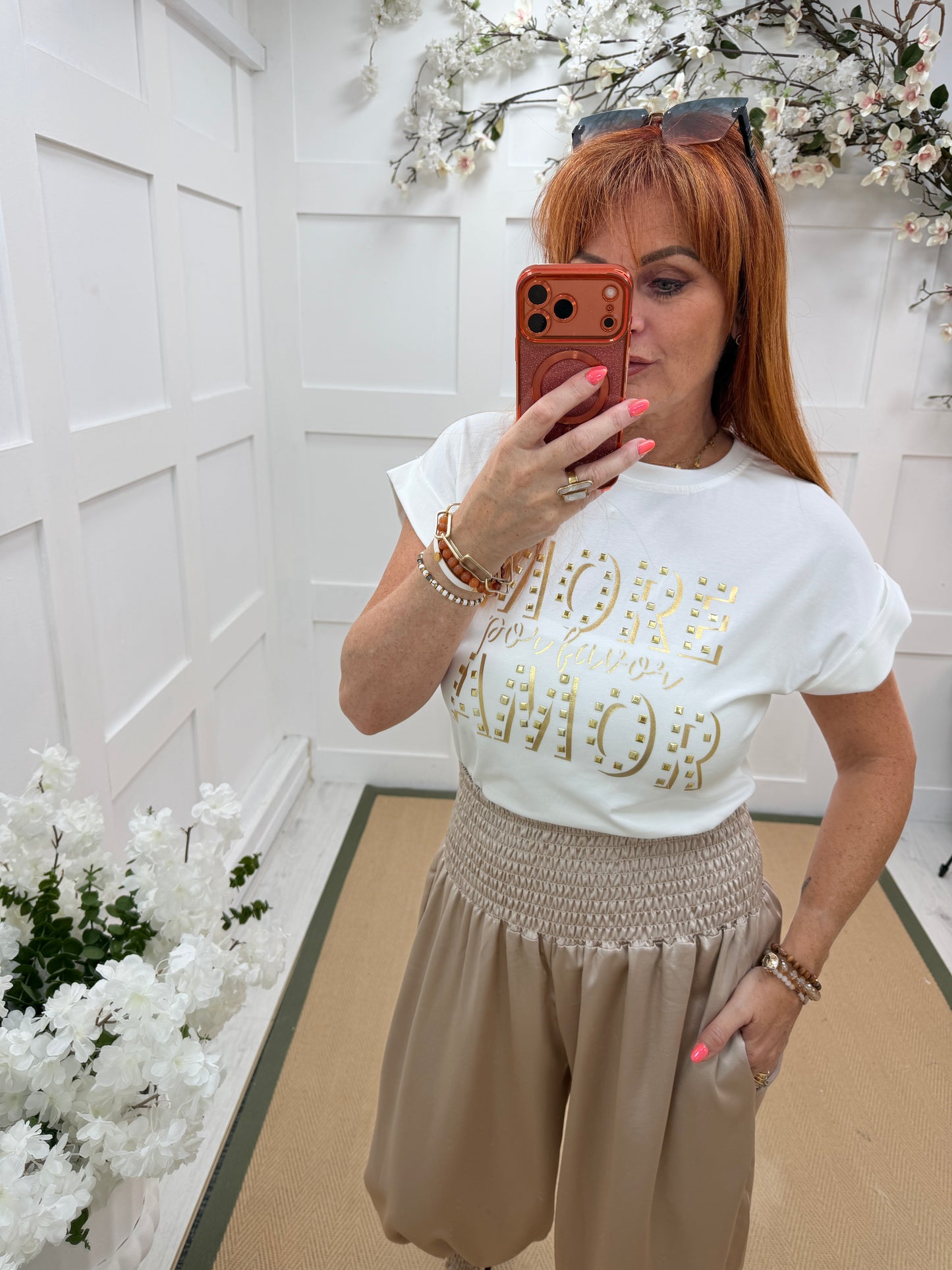 Aria: White & gold stud “MORE AMOR” T shirt. One size: 10-16