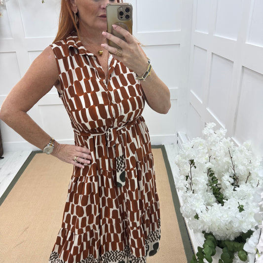 Jade: Orange & cream belted midi dress. One size 10-14