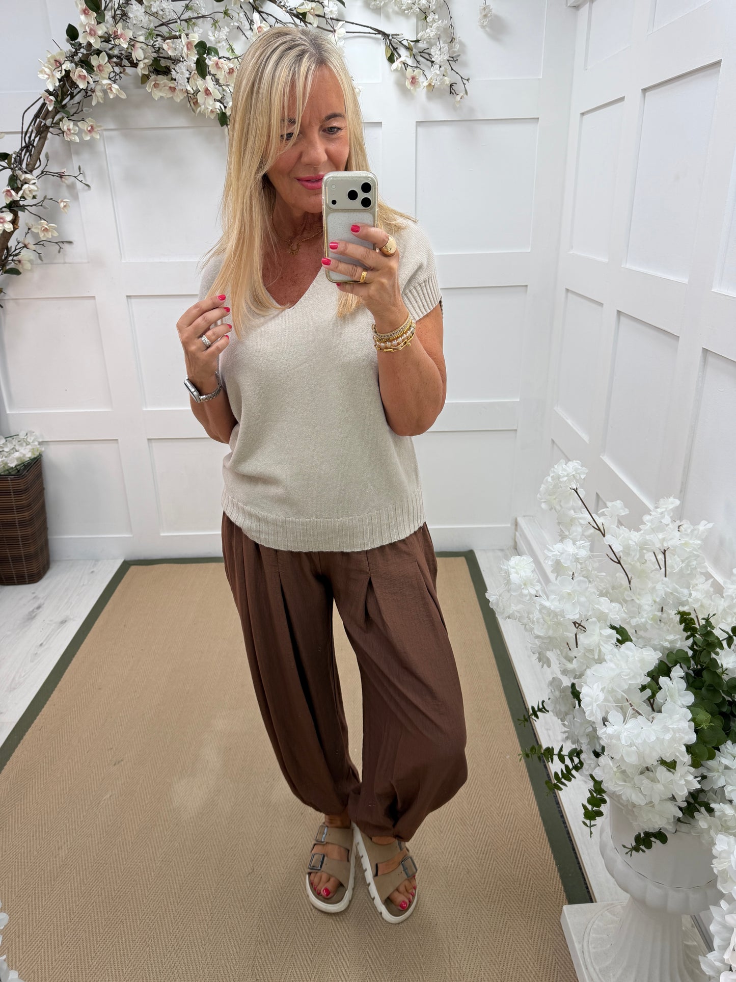Trina: Soft knit long V-neck top. One size 12-18. 5 colours