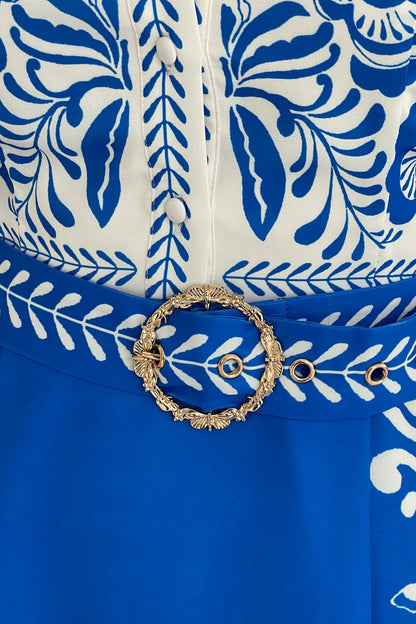 Holland: Blue & white print belted dress. Sizes: 12-18
