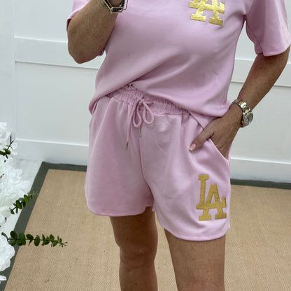 Teagan: Pink & gold LA loungewear shorts set. One size: 8-16